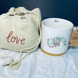 NEW Creative Co-op Mug + Drawstring Muslin Bag Jenny Parkhurst "Love" Design